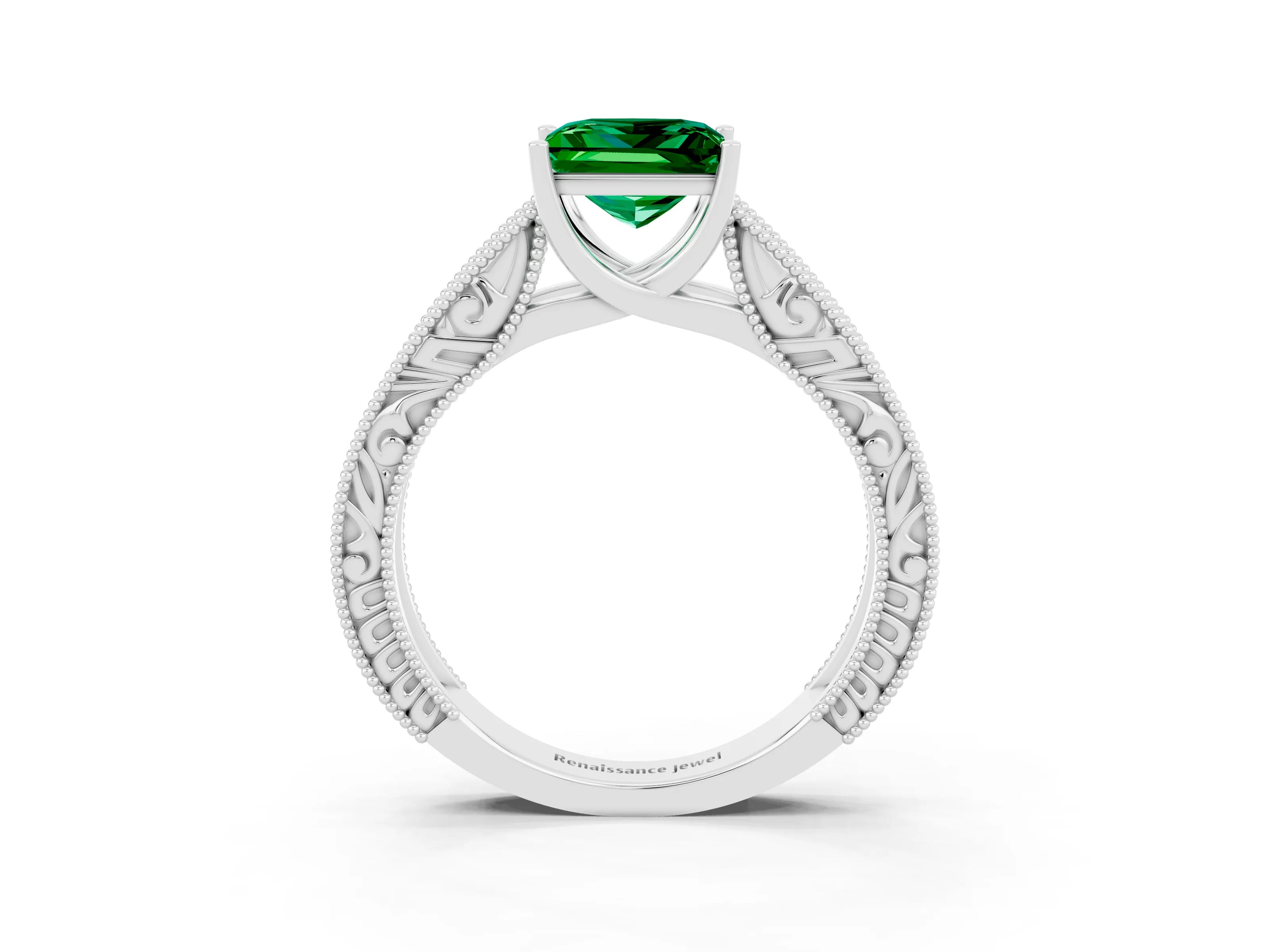 White gold Princess Cut Emerald Solitaire Ring with Engraved Band and Four-Prong Setting_3