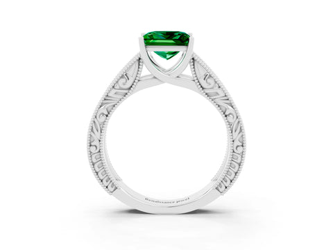 White gold Princess Cut Emerald Solitaire Ring with Engraved Band and Four-Prong Setting_3