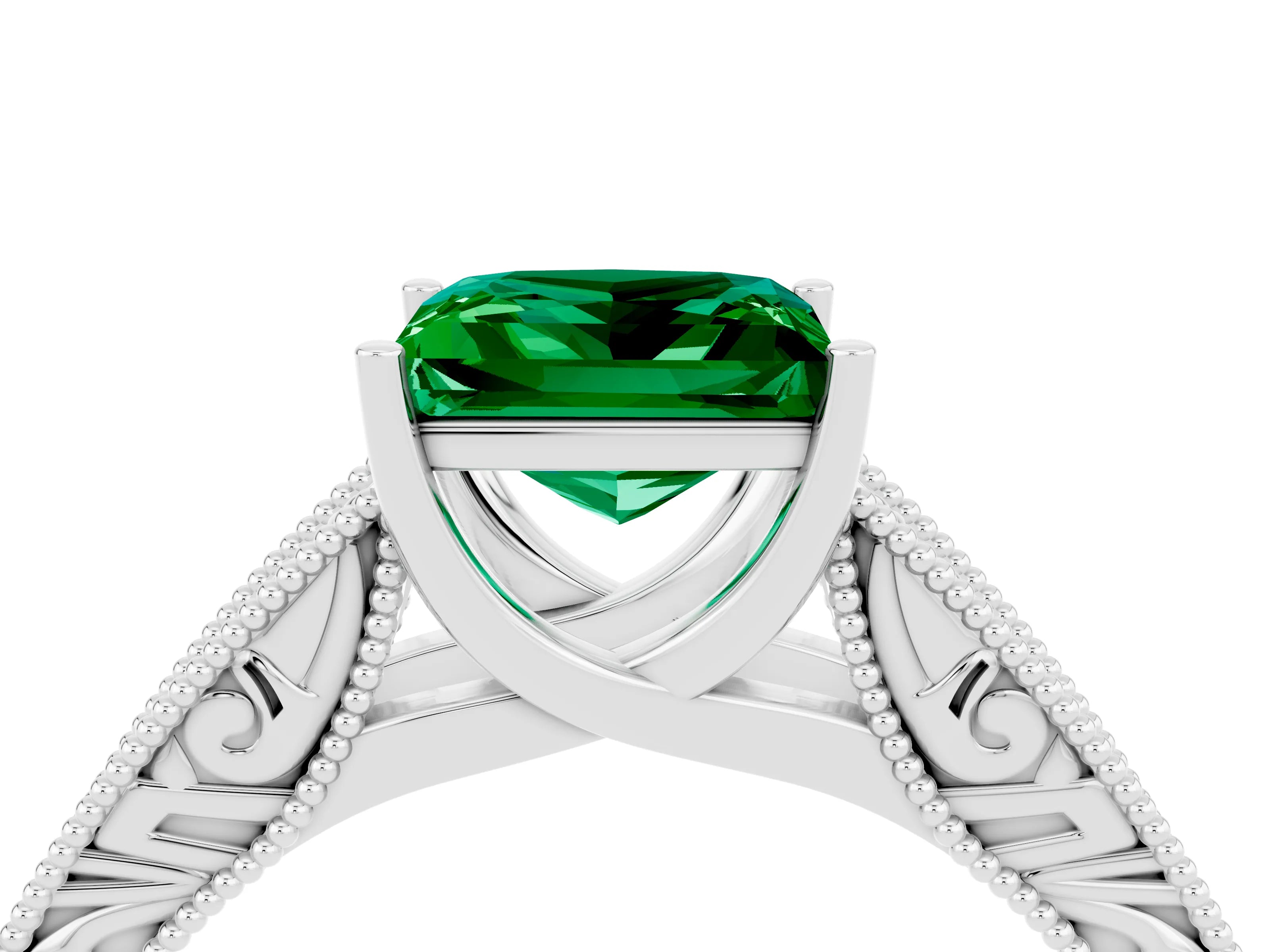 White gold Princess Cut Emerald Solitaire Ring with Engraved Band and Four-Prong Setting_4