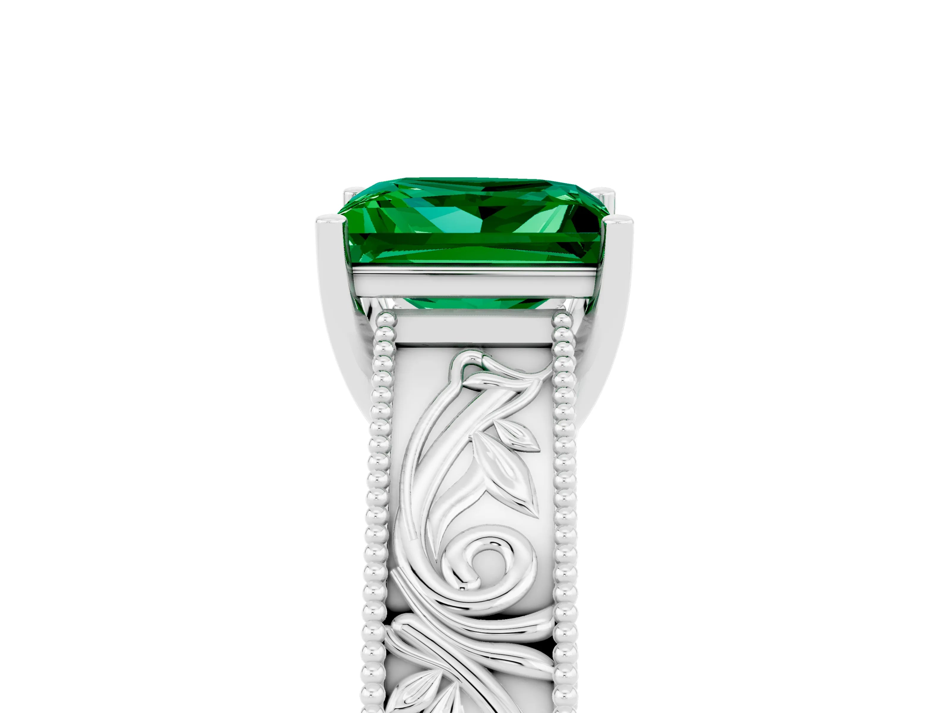 White gold Princess Cut Emerald Solitaire Ring with Engraved Band and Four-Prong Setting_5