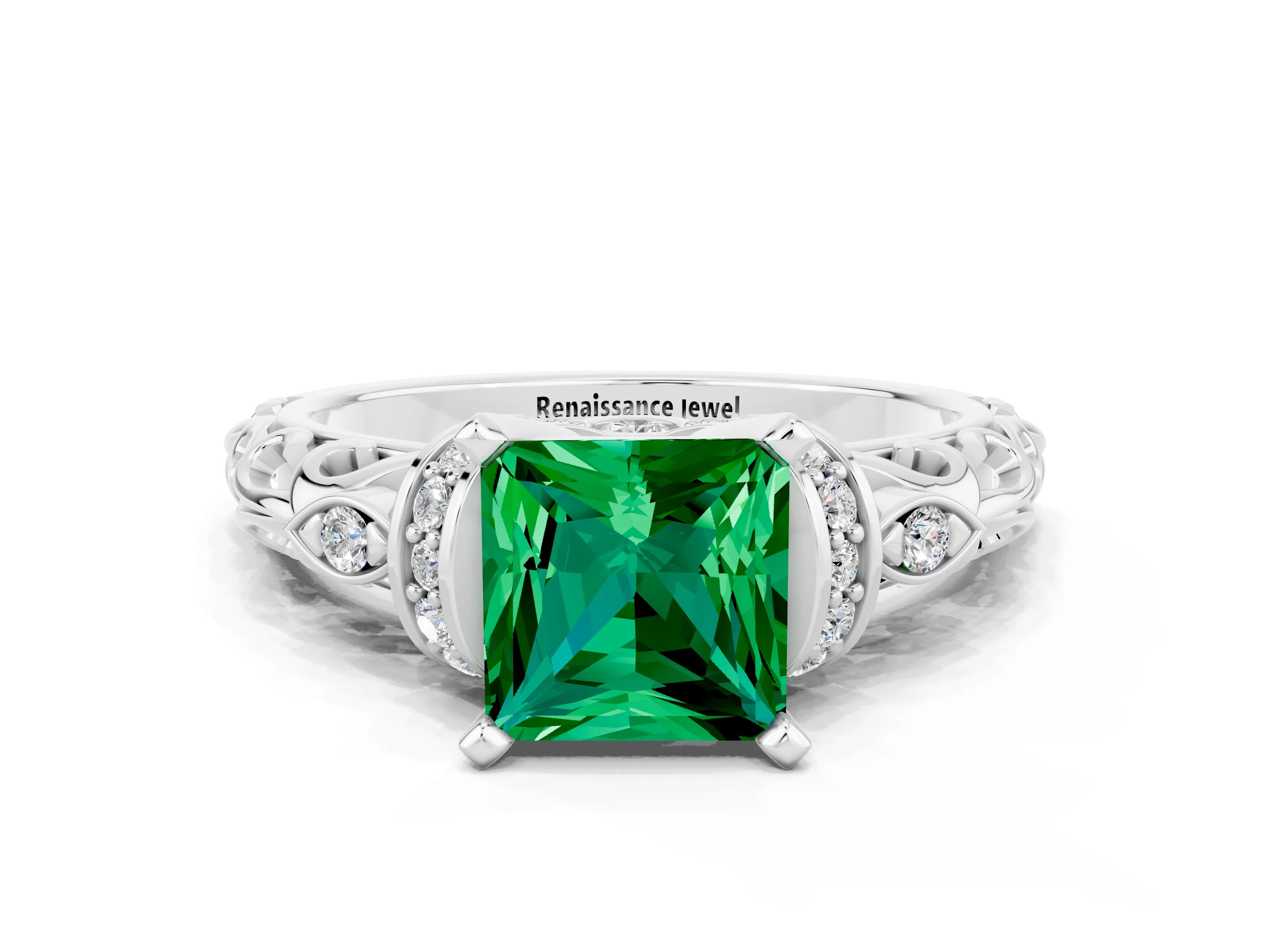 White gold Princess Cut Emerald Solitaire Ring with Filigree Band and Four-Prong Setting_24