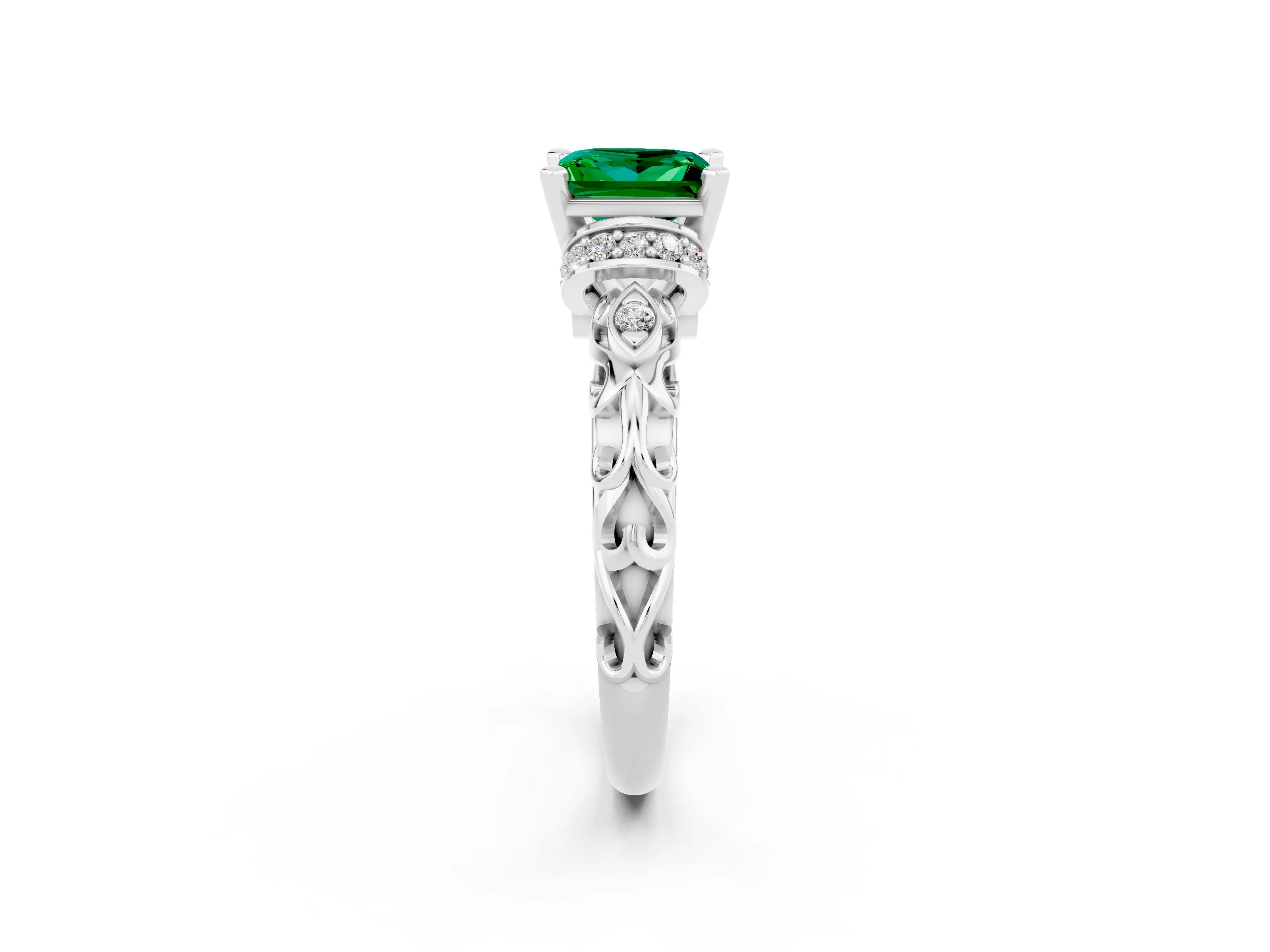 White gold Princess Cut Emerald Solitaire Ring with Filigree Band and Four-Prong Setting_26