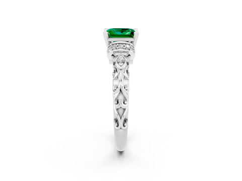 White gold Princess Cut Emerald Solitaire Ring with Filigree Band and Four-Prong Setting_26