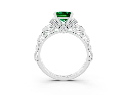 White gold Princess Cut Emerald Solitaire Ring with Filigree Band and Four-Prong Setting_27