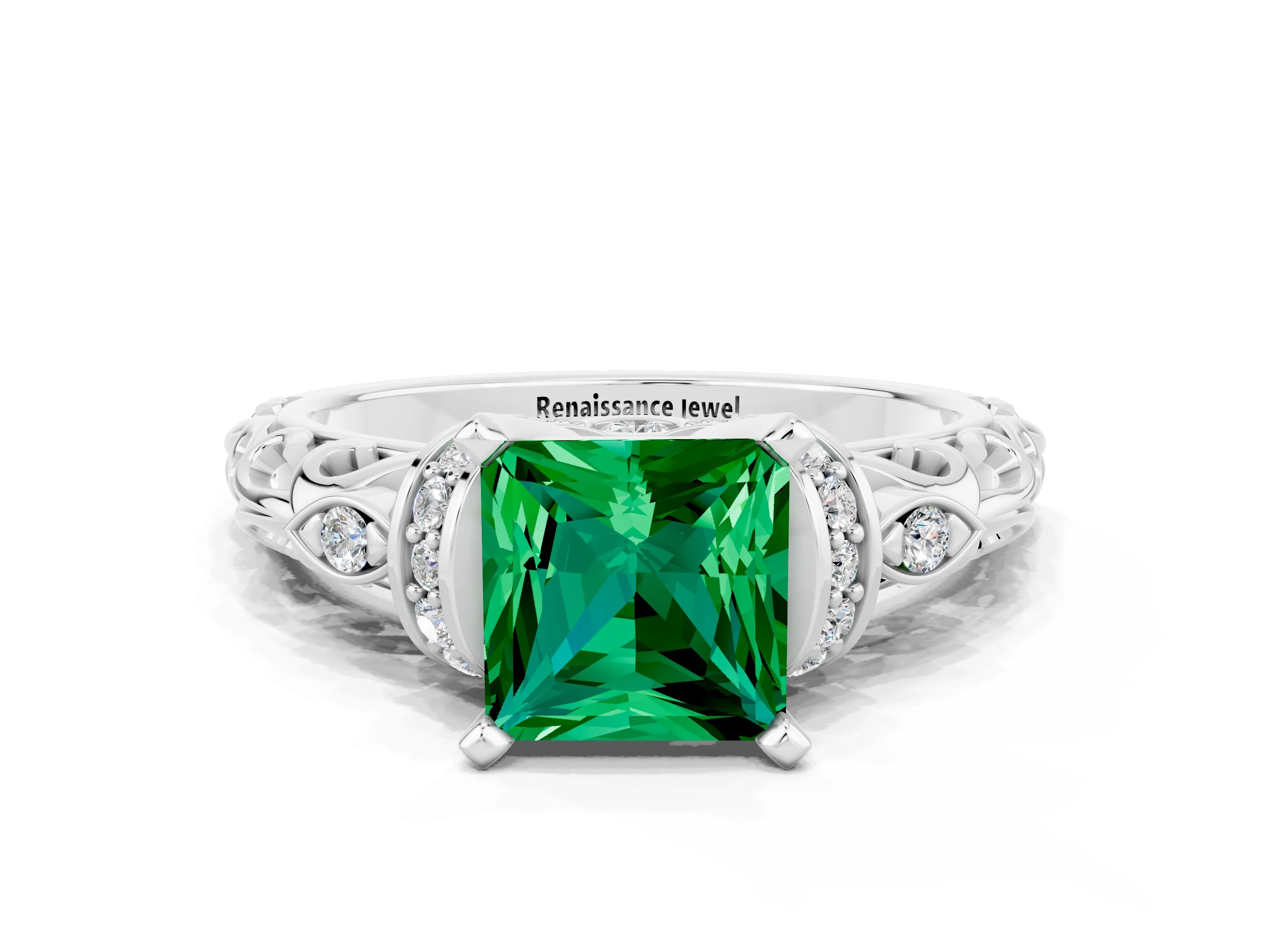 White gold Princess Cut Emerald Solitaire Ring with Filigree Band and Four-Prong Setting_30