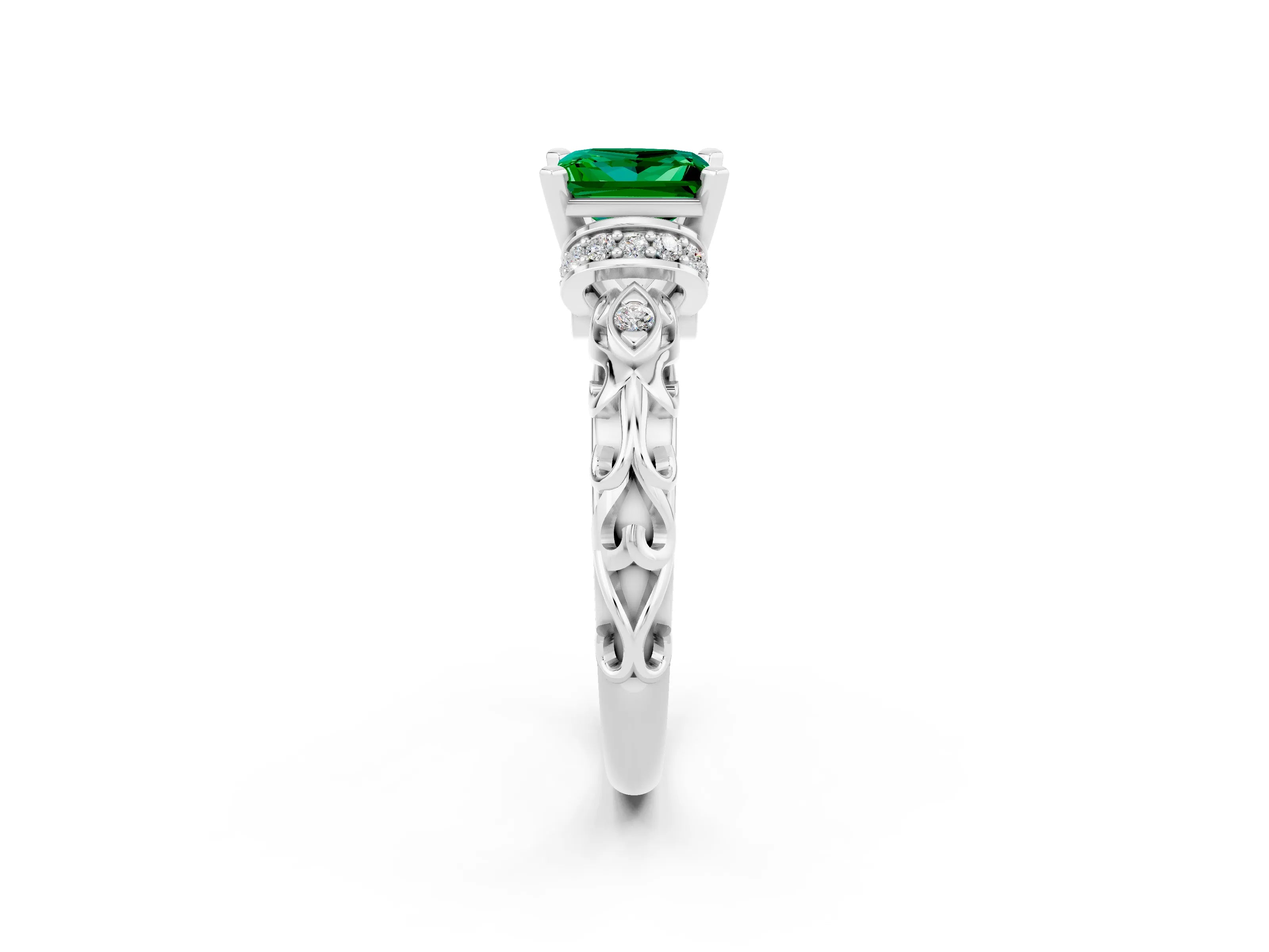 White gold Princess Cut Emerald Solitaire Ring with Filigree Band and Four-Prong Setting_32