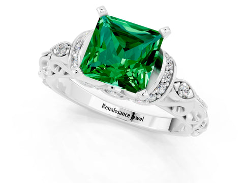 White gold Princess Cut Emerald Solitaire Ring with Filigree Band and Four-Prong Setting_32