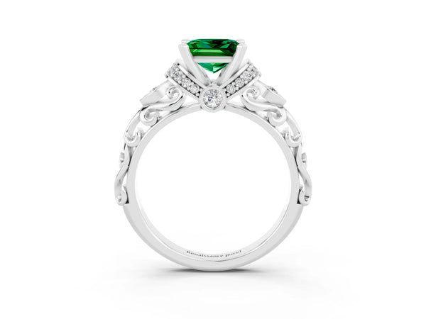 White gold Princess Cut Emerald Solitaire Ring with Filigree Band and Four-Prong Setting