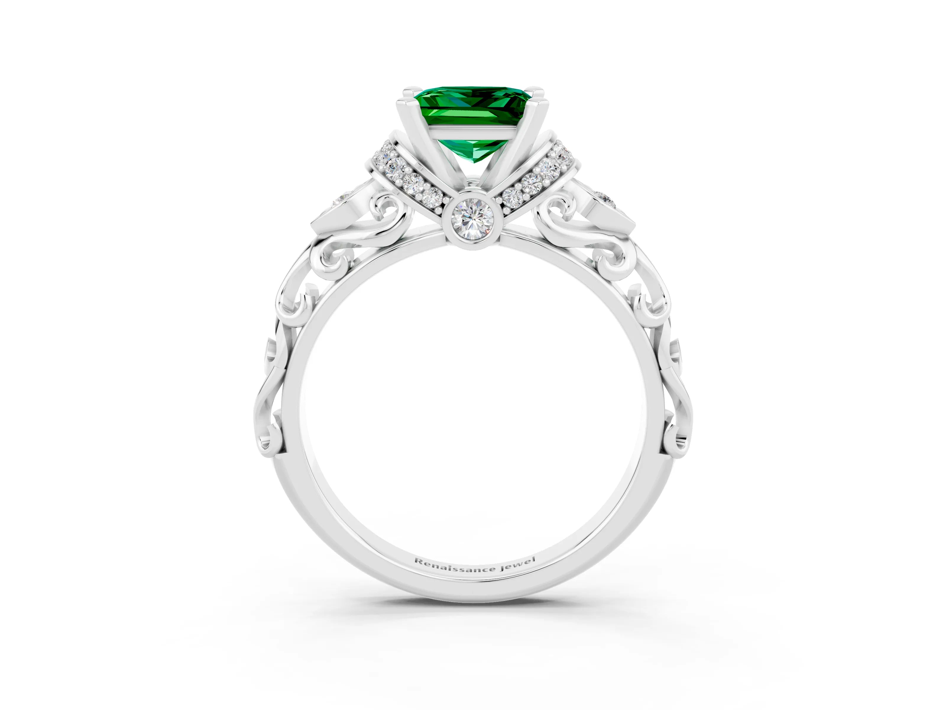White gold Princess Cut Emerald Solitaire Ring with Filigree Band and Four-Prong Setting_34