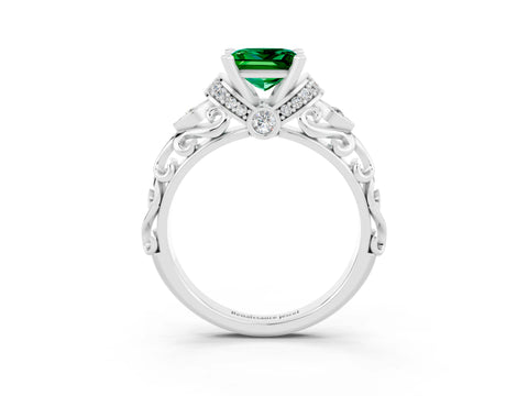 White gold Princess Cut Emerald Solitaire Ring with Filigree Band and Four-Prong Setting_34