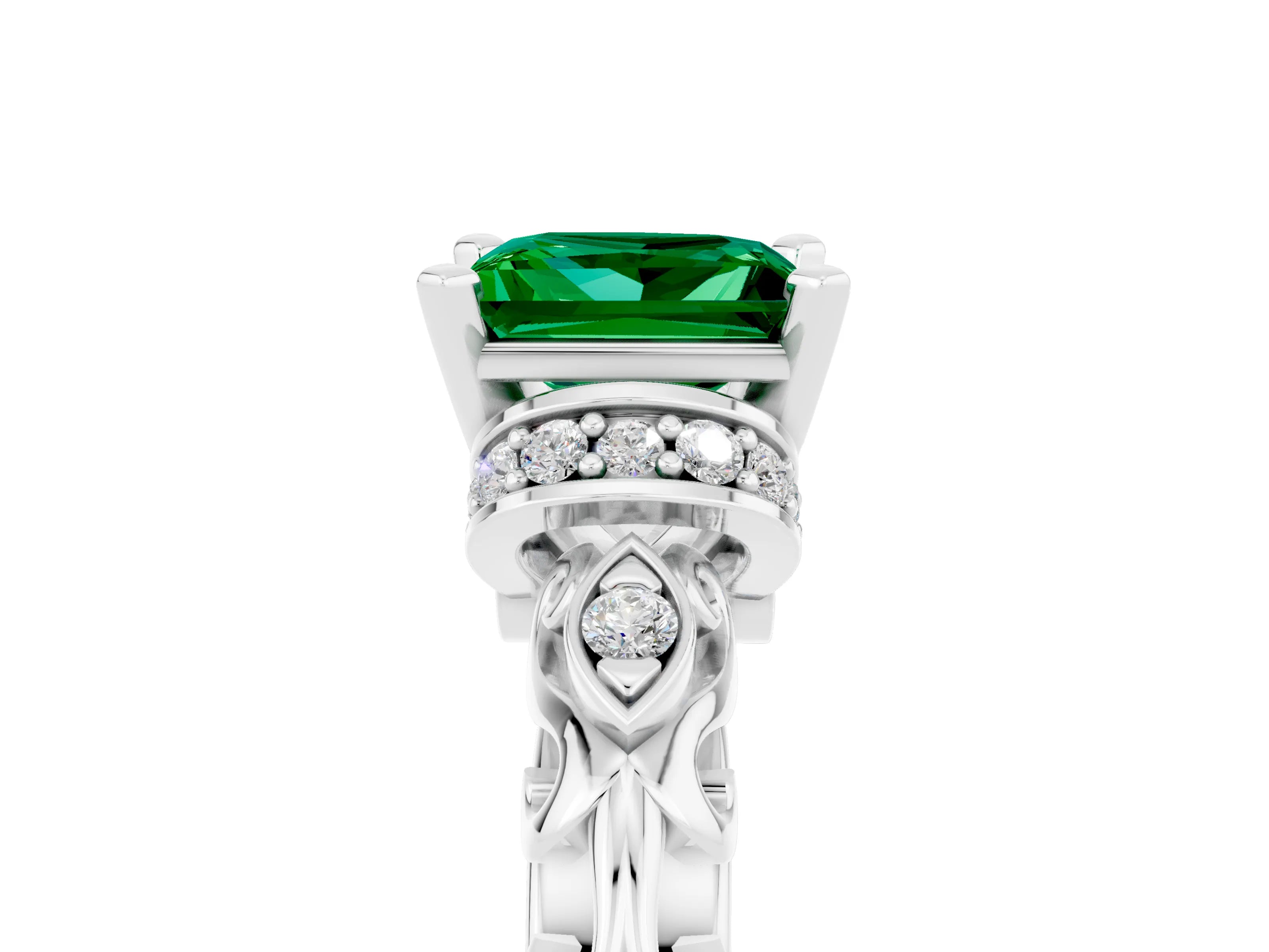 White gold Princess Cut Emerald Solitaire Ring with Filigree Band and Four-Prong Setting_41