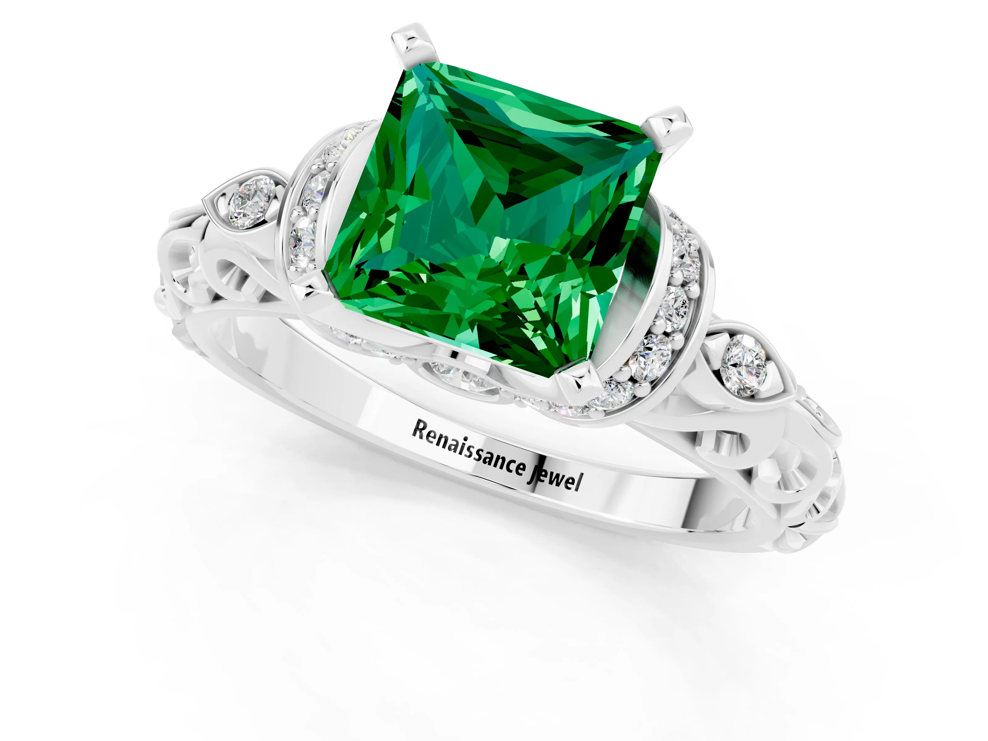 White gold Princess Cut Emerald Solitaire Ring with Filigree Band and Four-Prong Setting_49