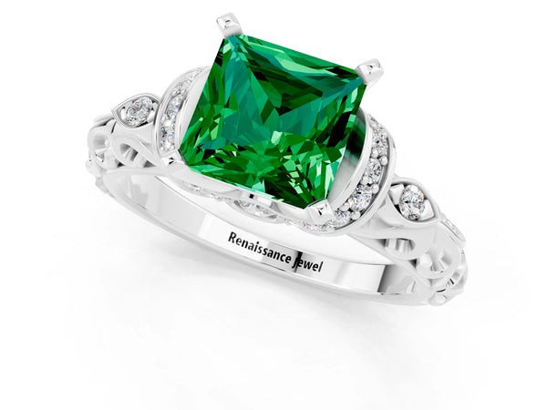 Platinum Princess Cut Emerald Solitaire Ring with Filigree Band and Four-Prong Setting