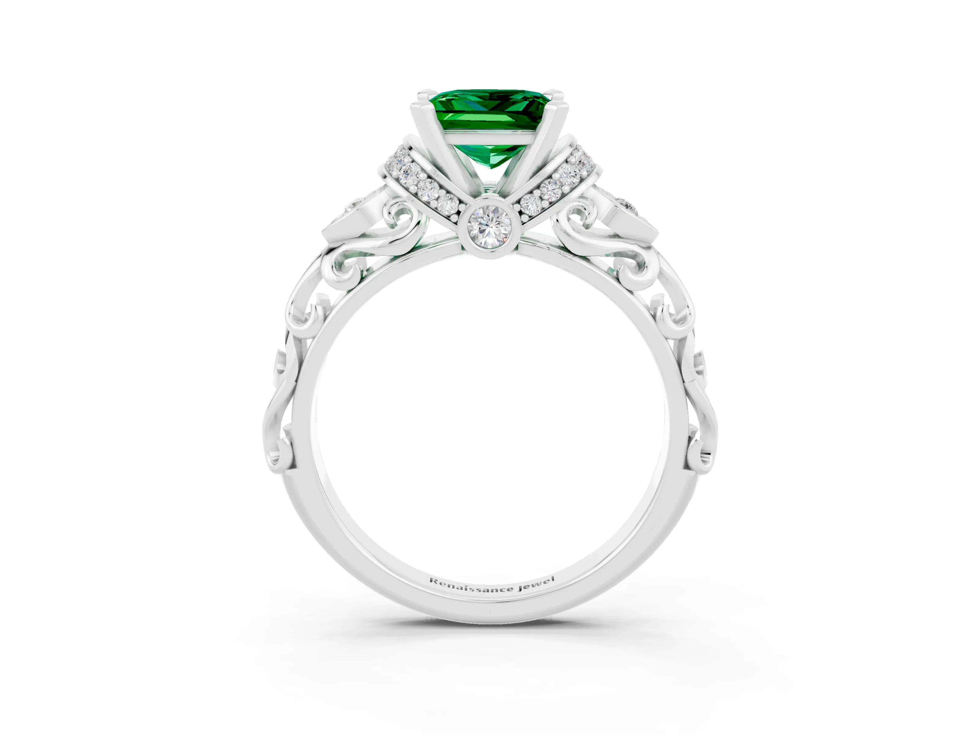 White gold Princess Cut Emerald Solitaire Ring with Filigree Band and Four-Prong Setting_51