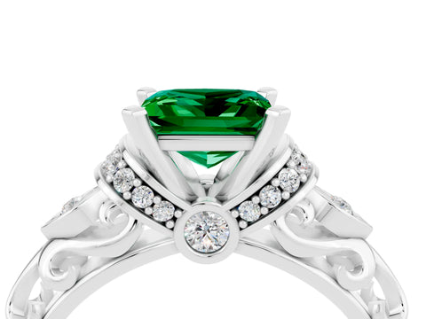 White gold Princess Cut Emerald Solitaire Ring with Filigree Band and Four-Prong Setting_52