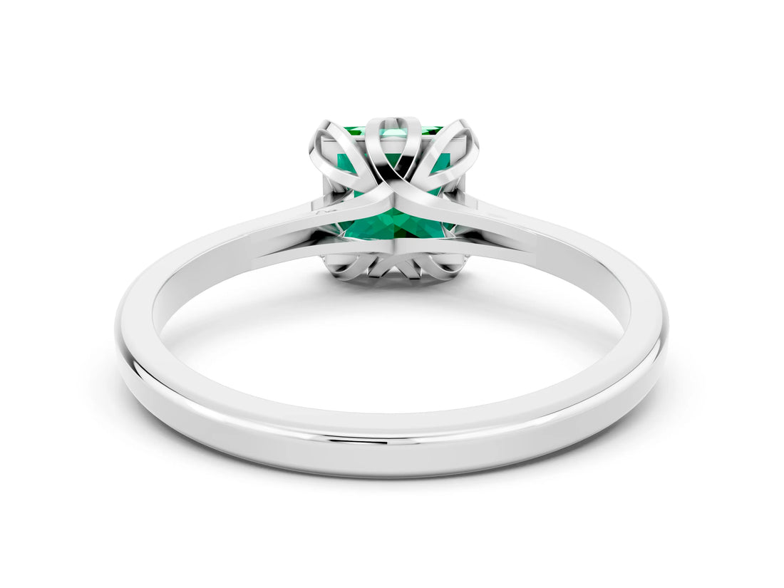 White gold Princess Cut Emerald Solitaire Ring with Flower Prong Setting and Classic Band_24