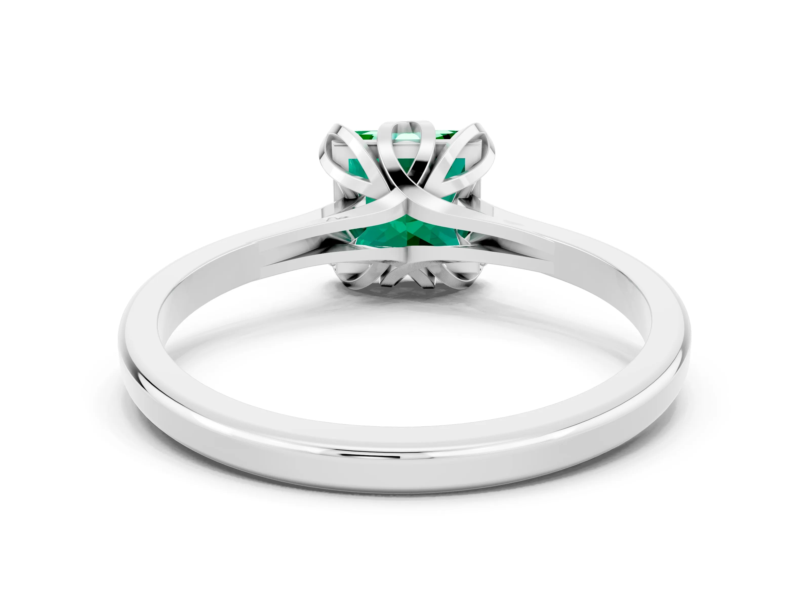 White gold Princess Cut Emerald Solitaire Ring with Flower Prong Setting and Classic Band_36