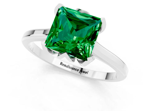 White gold Princess Cut Emerald Solitaire Ring with Flower Prong Setting and Classic Band_37
