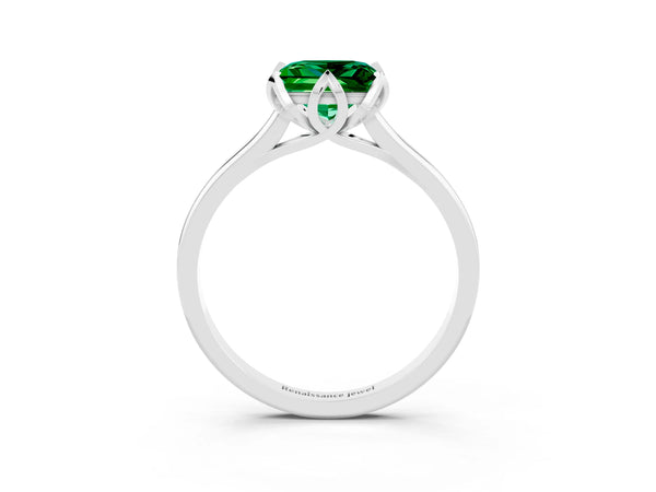 Platinum Princess Cut Emerald Solitaire Ring with Flower Prong Setting and Classic Band