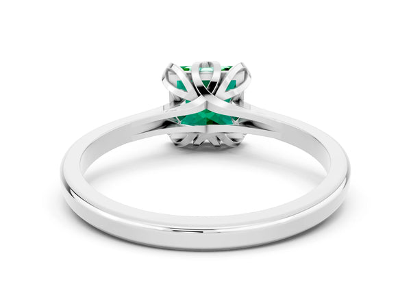 White gold Princess Cut Emerald Solitaire Ring with Flower Prong Setting and Classic Band