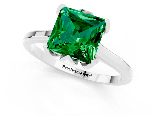 White gold Princess Cut Emerald Solitaire Ring with Flower Prong Setting and Classic Band