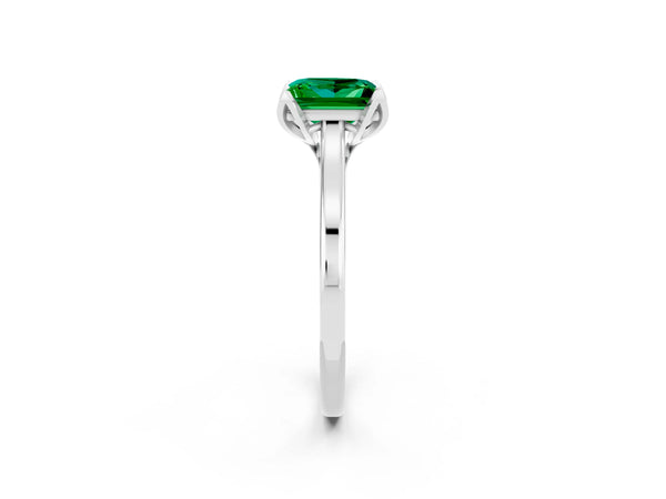 White gold Princess Cut Emerald Solitaire Ring with Flower Prong Setting and Classic Band