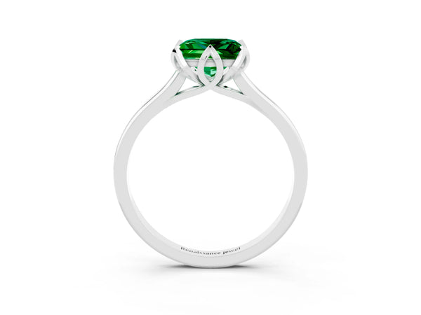 White gold Princess Cut Emerald Solitaire Ring with Flower Prong Setting and Classic Band