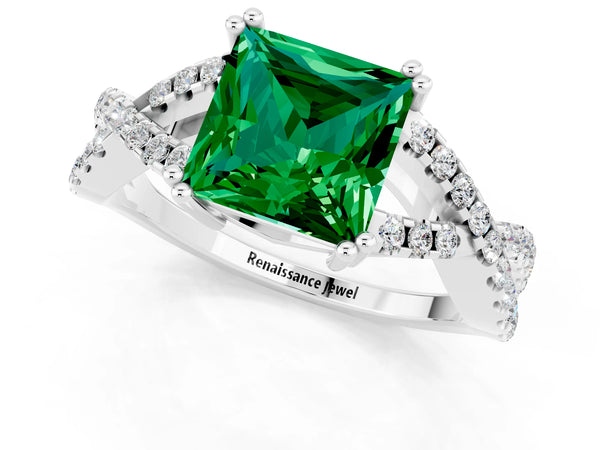 White gold Princess Cut Emerald Solitaire Ring with Four-Prong Setting and Twisted Pavé Band