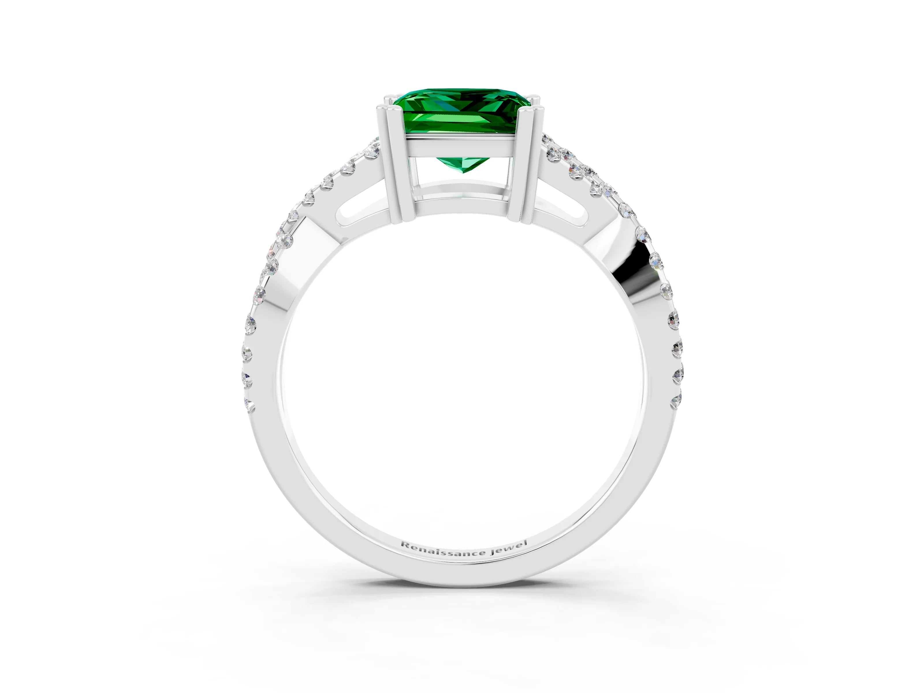 White gold Princess Cut Emerald Solitaire Ring with Four-Prong Setting and Twisted Pavé Band_3