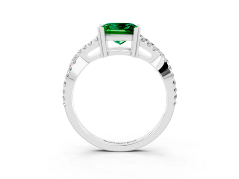 White gold Princess Cut Emerald Solitaire Ring with Four-Prong Setting and Twisted Pavé Band_3