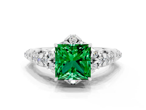 White gold Princess Cut Emerald Solitaire Ring with Hidden Halo and Pavé Band_12