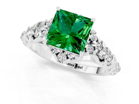 White gold Princess Cut Emerald Solitaire Ring with Hidden Halo and Pavé Band_13
