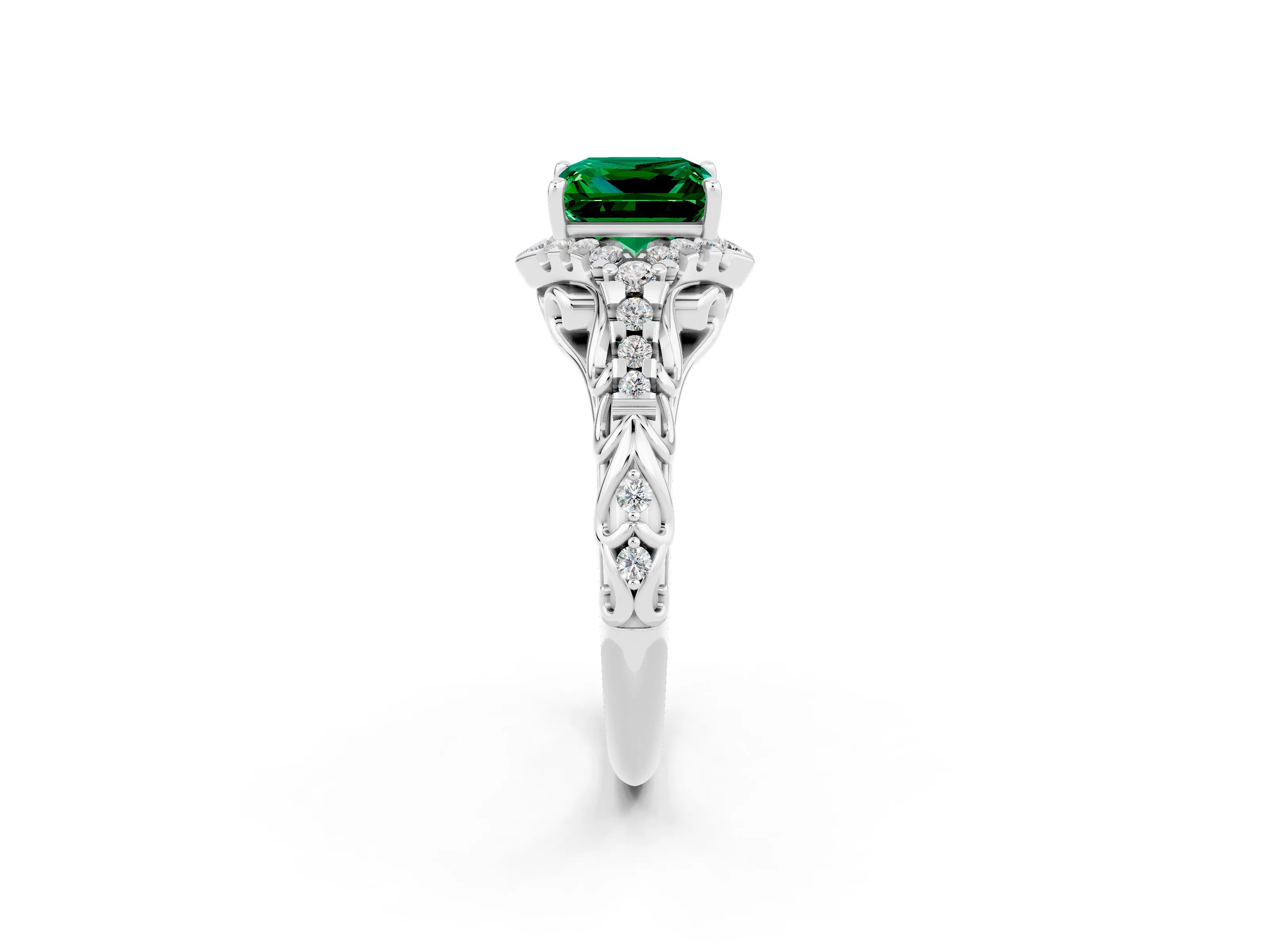 White gold Princess Cut Emerald Solitaire Ring with Hidden Halo and Pavé Band_14