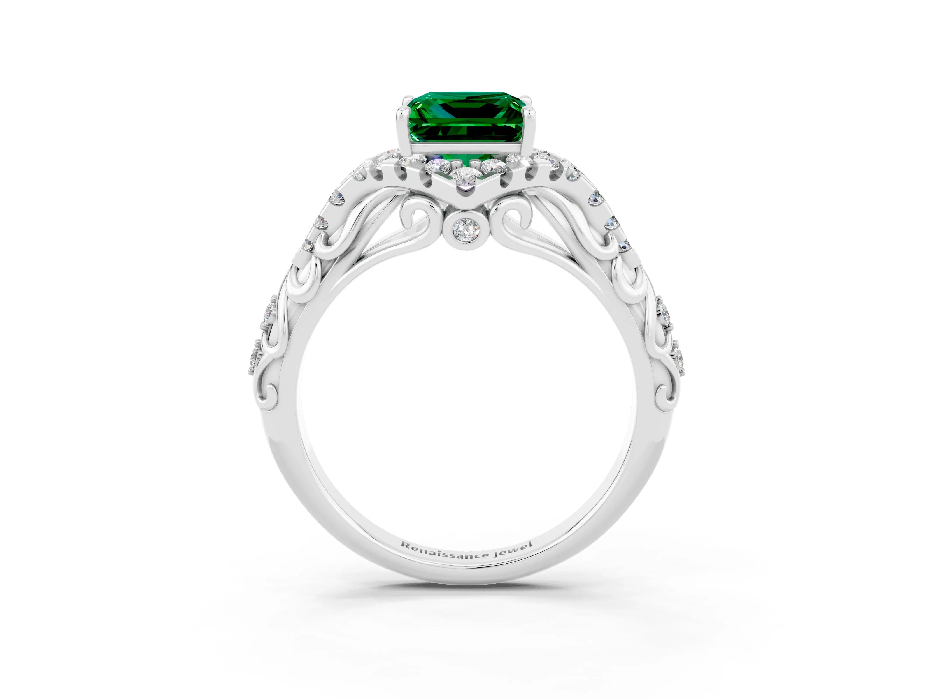 White gold Princess Cut Emerald Solitaire Ring with Hidden Halo and Pavé Band_15