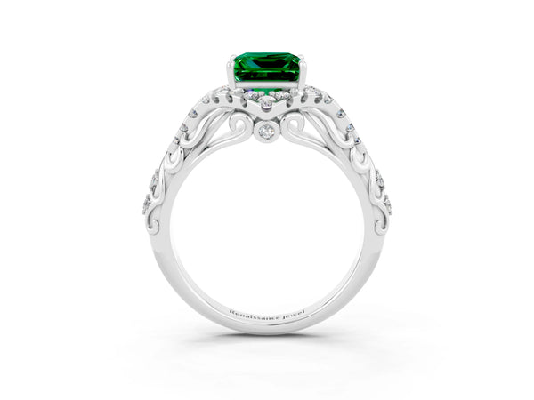 White gold Princess Cut Emerald Solitaire Ring with Hidden Halo and Pavé Band