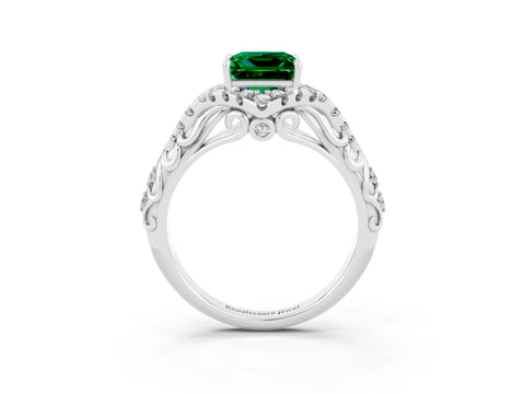White gold Princess Cut Emerald Solitaire Ring with Hidden Halo and Pavé Band_15