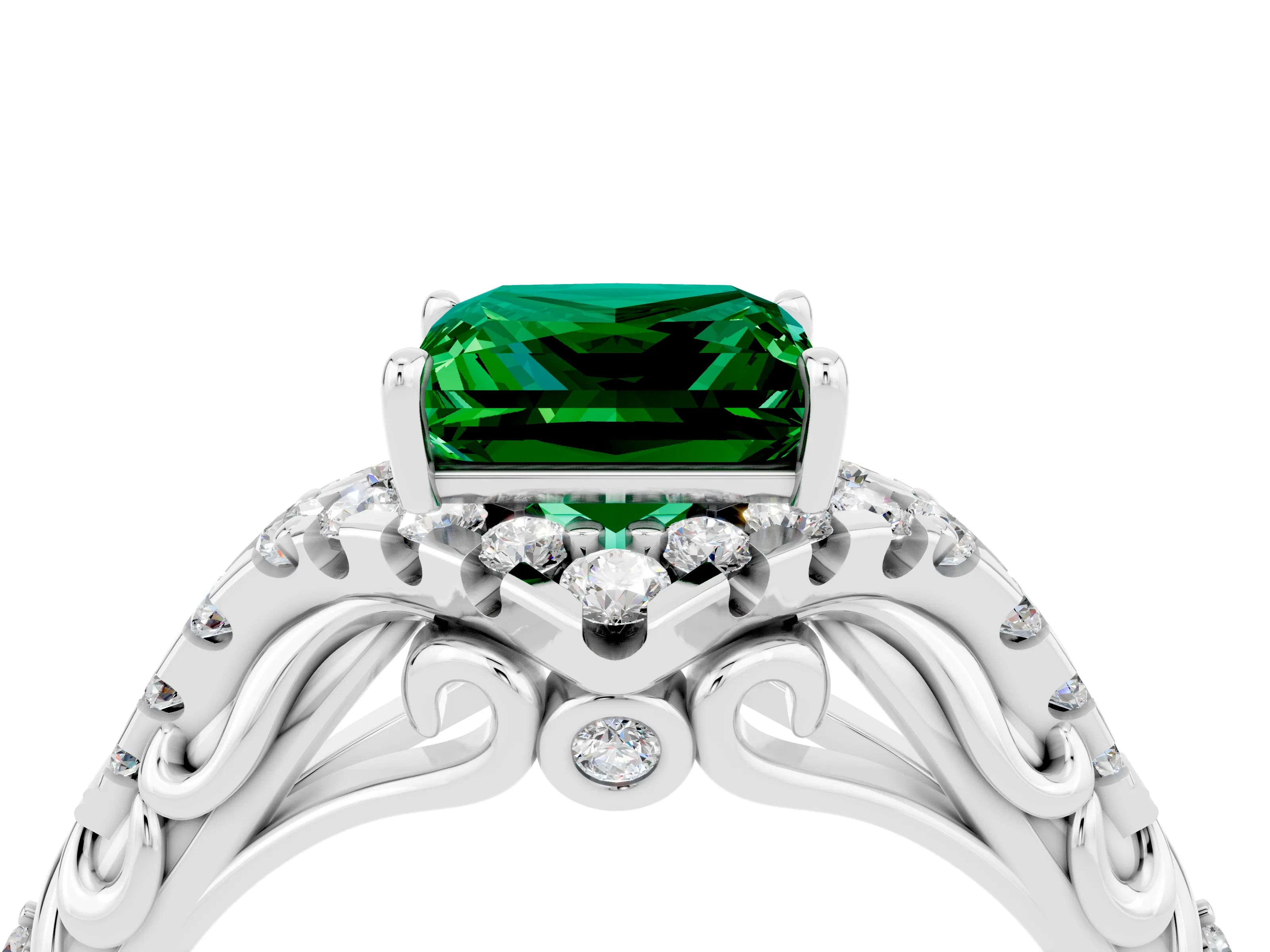 White gold Princess Cut Emerald Solitaire Ring with Hidden Halo and Pavé Band_16