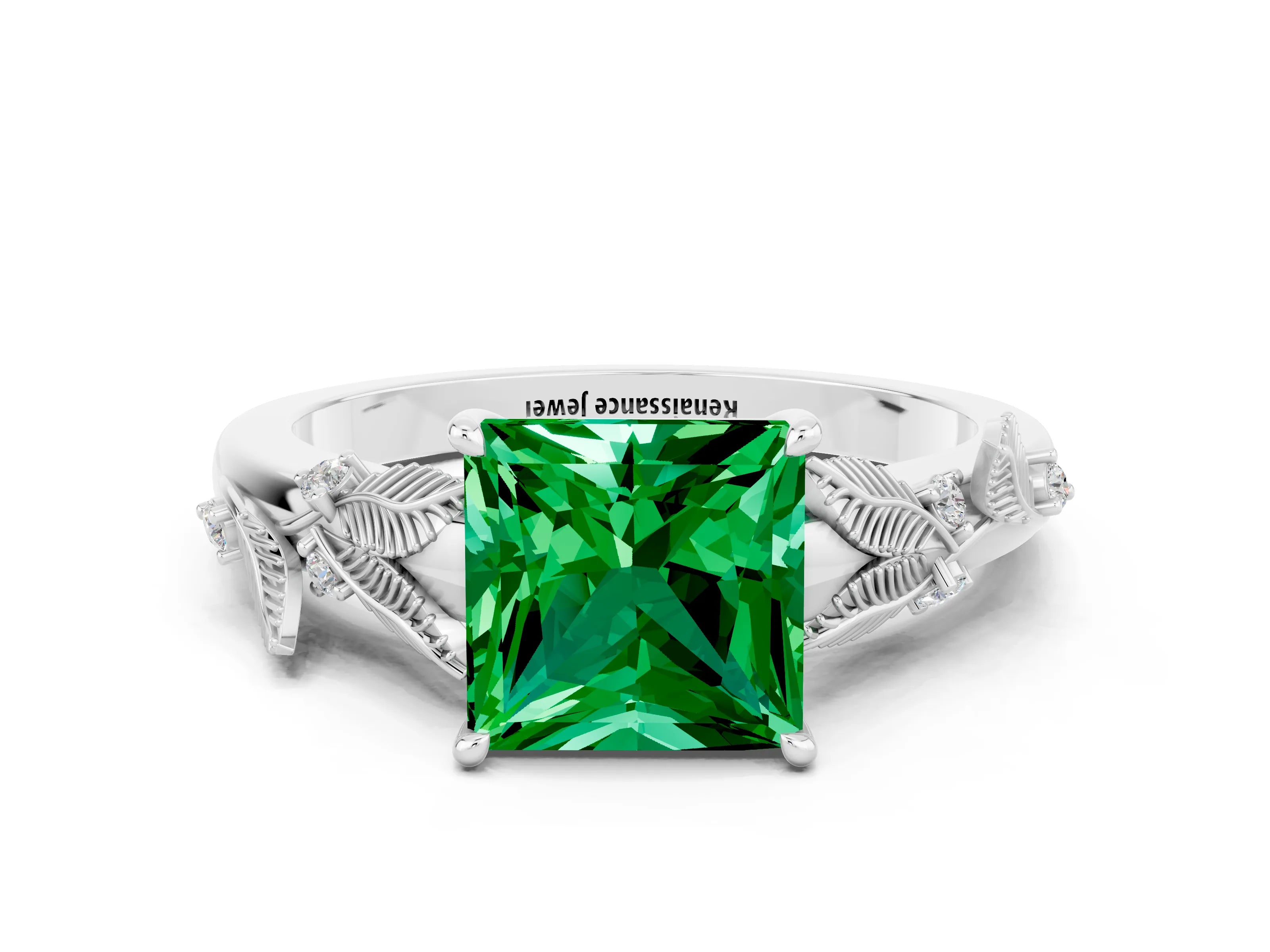 White gold Princess Cut Emerald Solitaire Ring with Leaf Motif Band and Four-Prong Setting