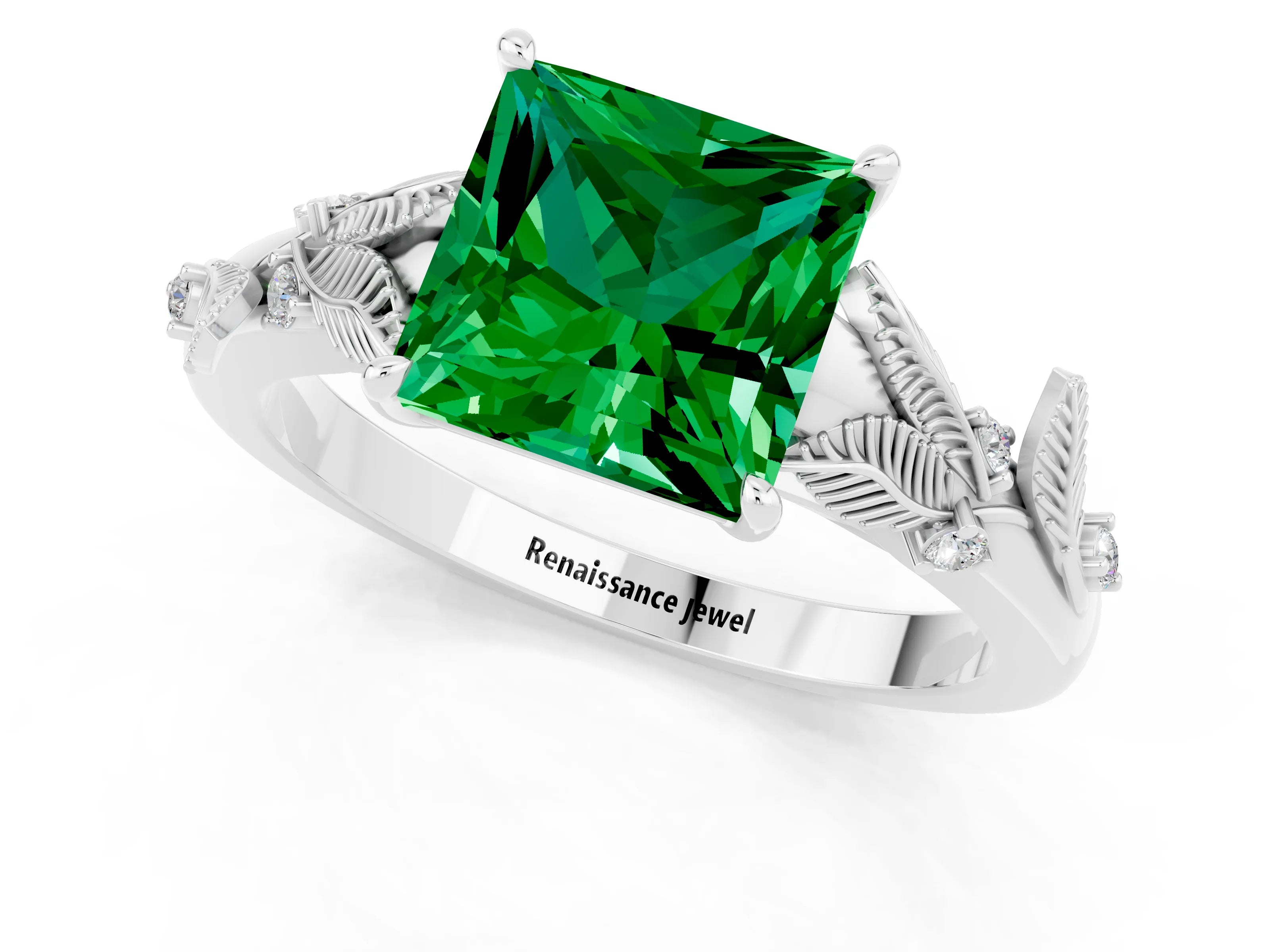 White gold Princess Cut Emerald Solitaire Ring with Leaf Motif Band and Four-Prong Setting_1