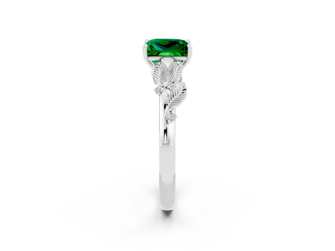 White gold Princess Cut Emerald Solitaire Ring with Leaf Motif Band and Four-Prong Setting_2