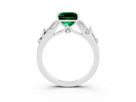 White gold Princess Cut Emerald Solitaire Ring with Leaf Motif Band and Four-Prong Setting_3