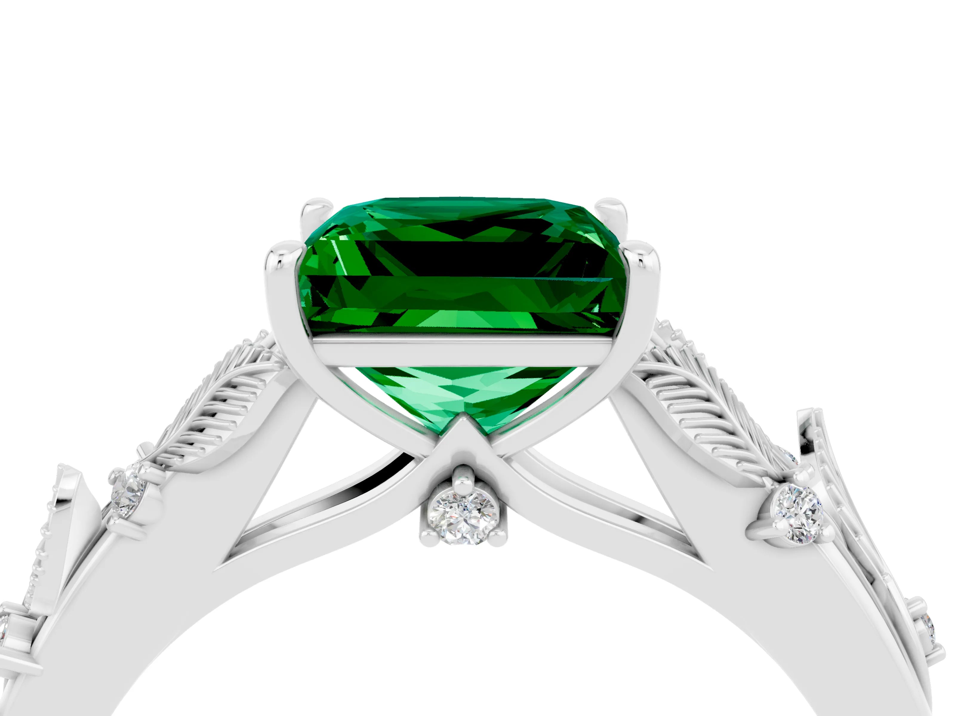 White gold Princess Cut Emerald Solitaire Ring with Leaf Motif Band and Four-Prong Setting_4