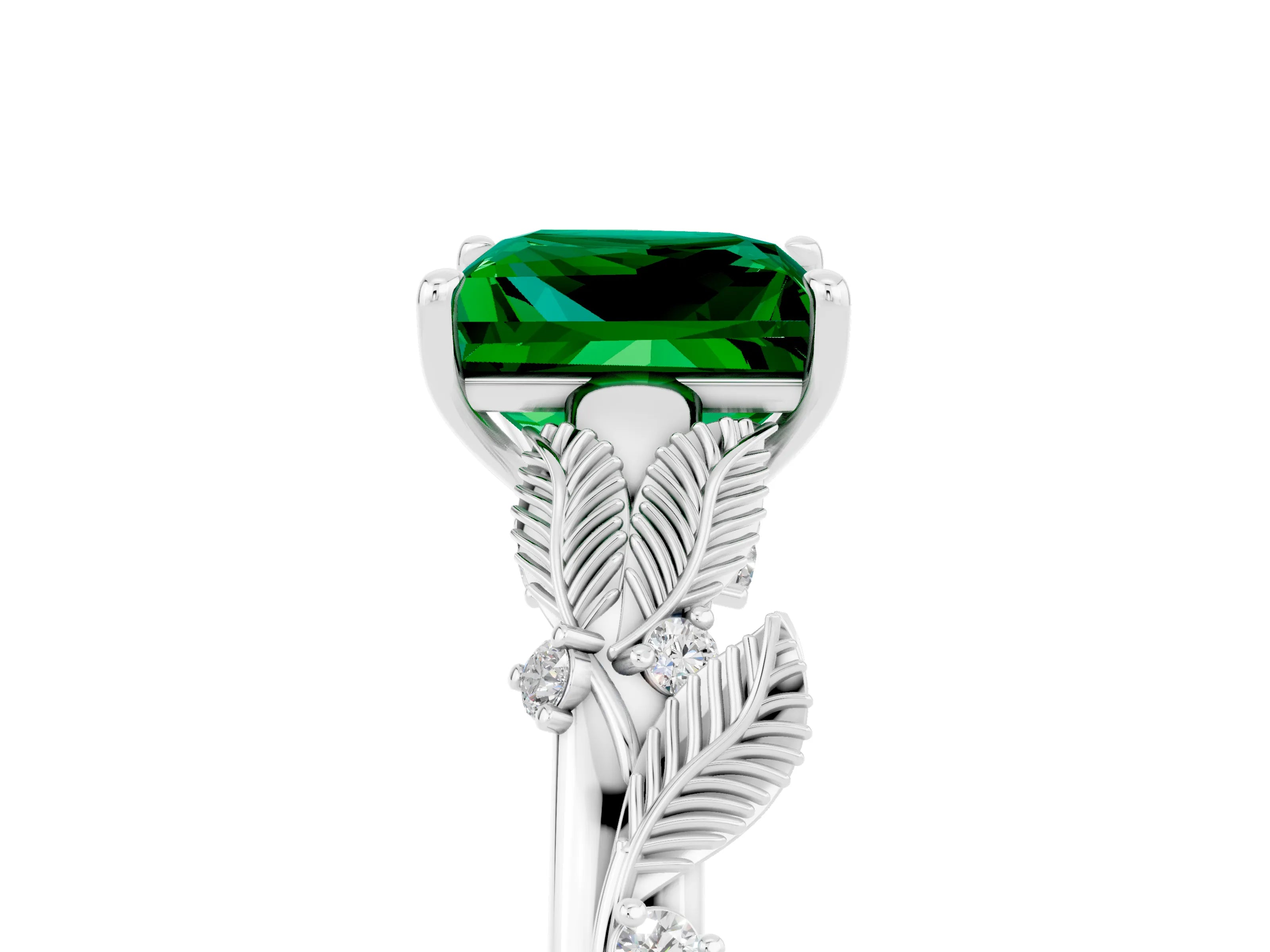 White gold Princess Cut Emerald Solitaire Ring with Leaf Motif Band and Four-Prong Setting_5