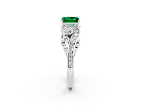 White gold Princess Cut Emerald Solitaire Ring with Milgrain Pavé Band and Four-Prong Setting_14