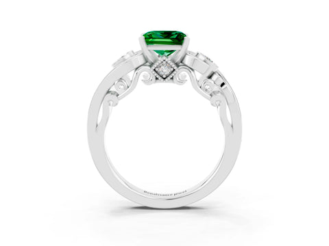 White gold Princess Cut Emerald Solitaire Ring with Milgrain Pavé Band and Four-Prong Setting_15
