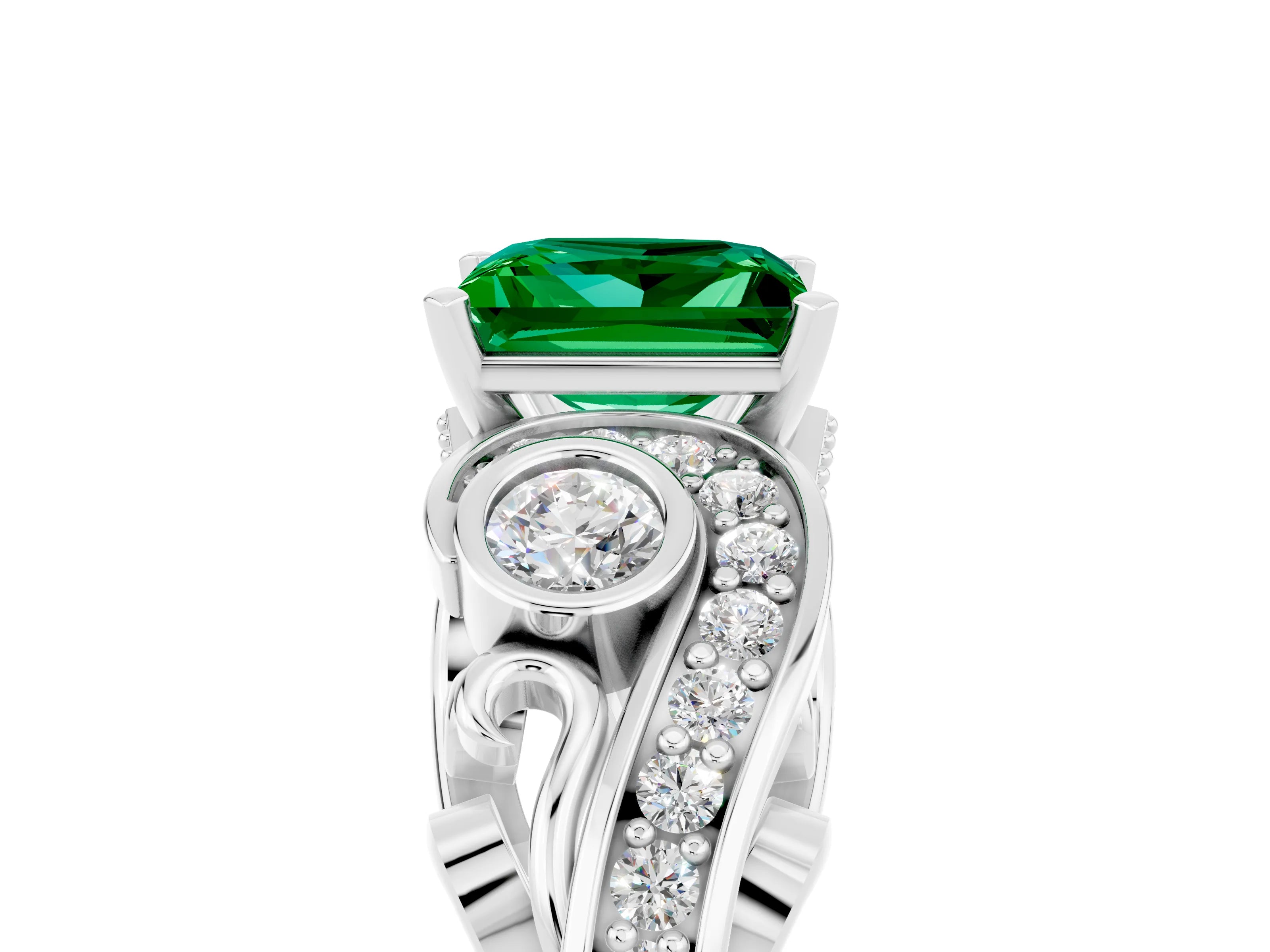 White gold Princess Cut Emerald Solitaire Ring with Milgrain Pavé Band and Four-Prong Setting_17