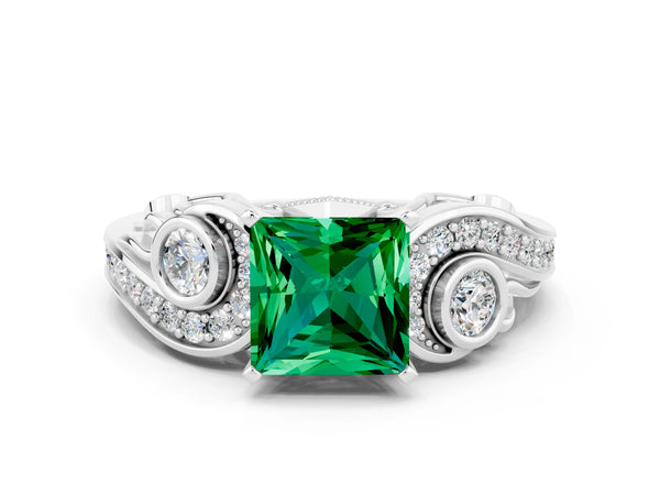 White gold Princess Cut Emerald Solitaire Ring with Milgrain Pavé Band and Four-Prong Setting