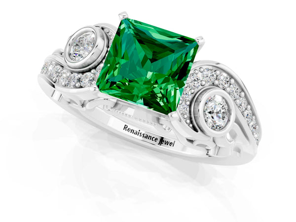 White gold Princess Cut Emerald Solitaire Ring with Milgrain Pavé Band and Four-Prong Setting