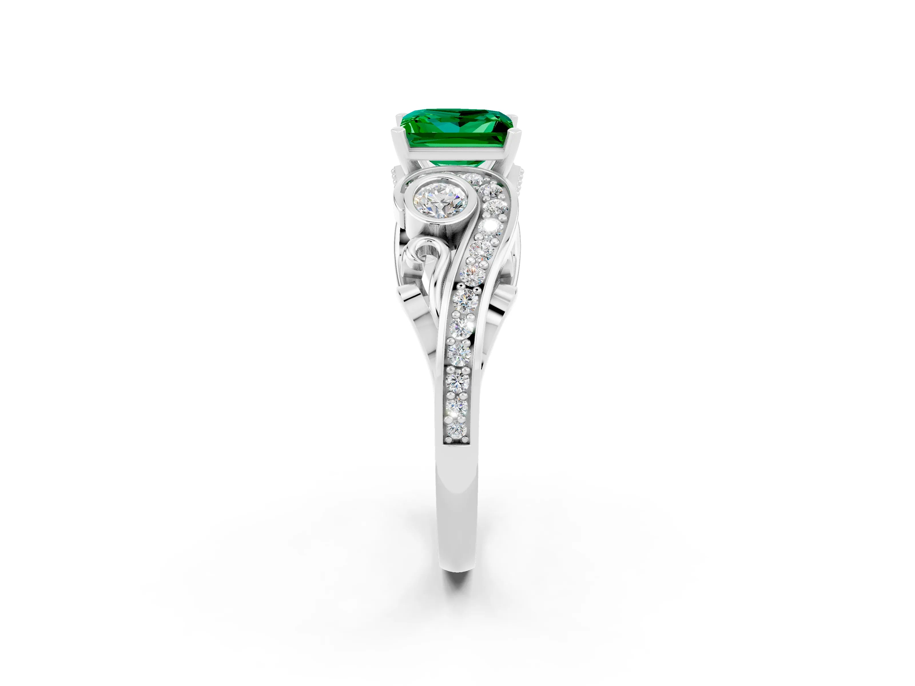 White gold Princess Cut Emerald Solitaire Ring with Milgrain Pavé Band and Four-Prong Setting_50
