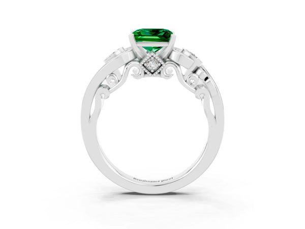 White gold Princess Cut Emerald Solitaire Ring with Milgrain Pavé Band and Four-Prong Setting